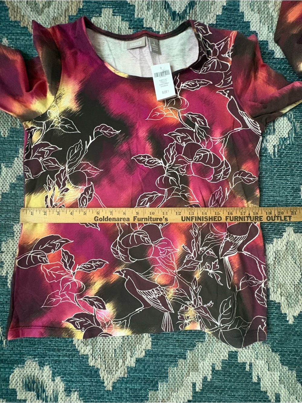 Chico's Magenta, Black & Yellow Floral Bird Long Sleeve Scoop Neck Top - Picture 7 of 8